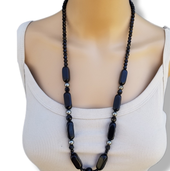 VINTAGE BLACK ONYX GEMSTONE ART DECO STYLE NECKLACE - Picture 1 of 7